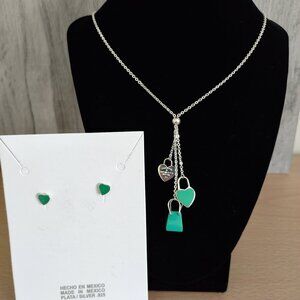 Teal Charms Necklace and Earrings Set Taxco Sterling Silver 925
